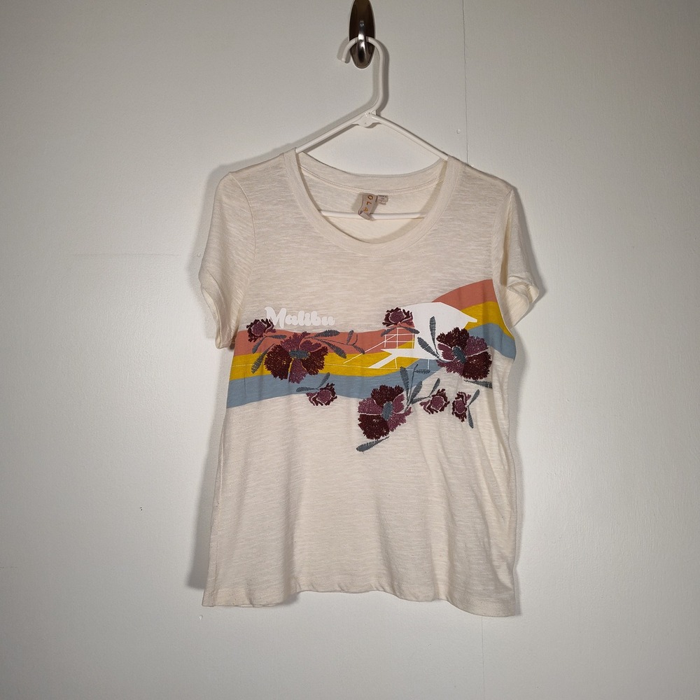 Anthropologie Dolan Malibu Graphic Embroidered T-Shirt Cream Slub Knit Size S
